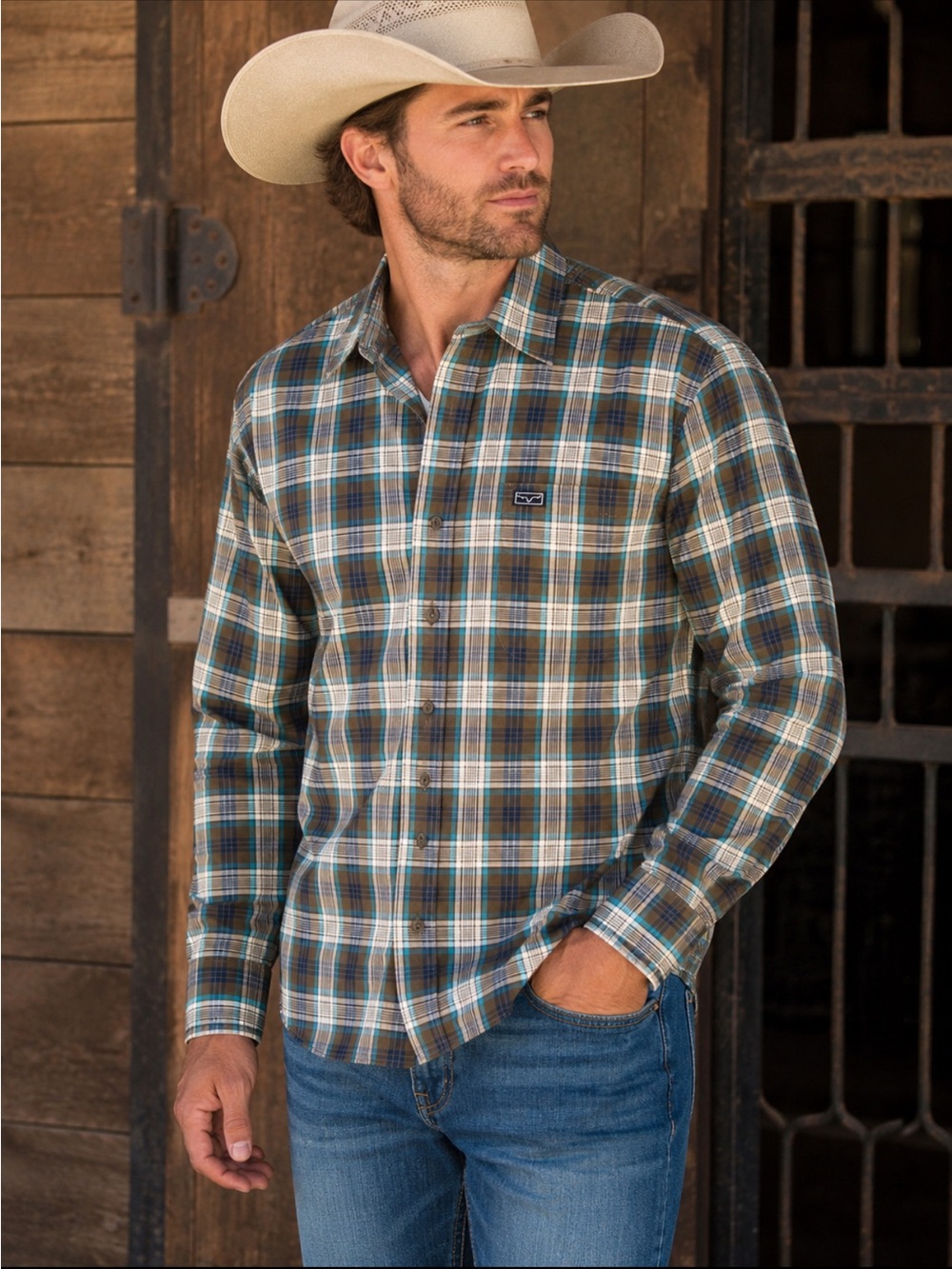 Kimes Ranch Plaid Western Button Up Shirt Mens Medium Cowboy Rodeo Ranch